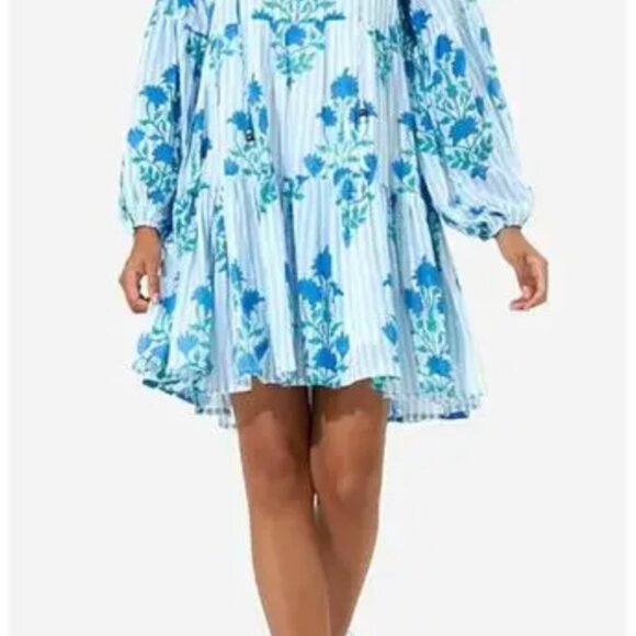 Oliphant Balloon Sleeve Jaipur Blue Stripe Cotton Dress - Picture 3 of 3